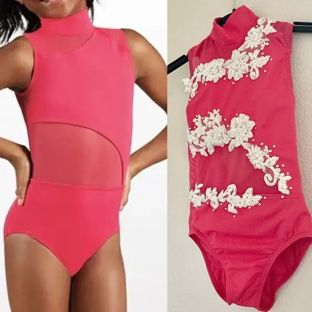 WEISSMAN Dance Costume solo custom coral hot pink custom Leotard MT11612 IC 7/8